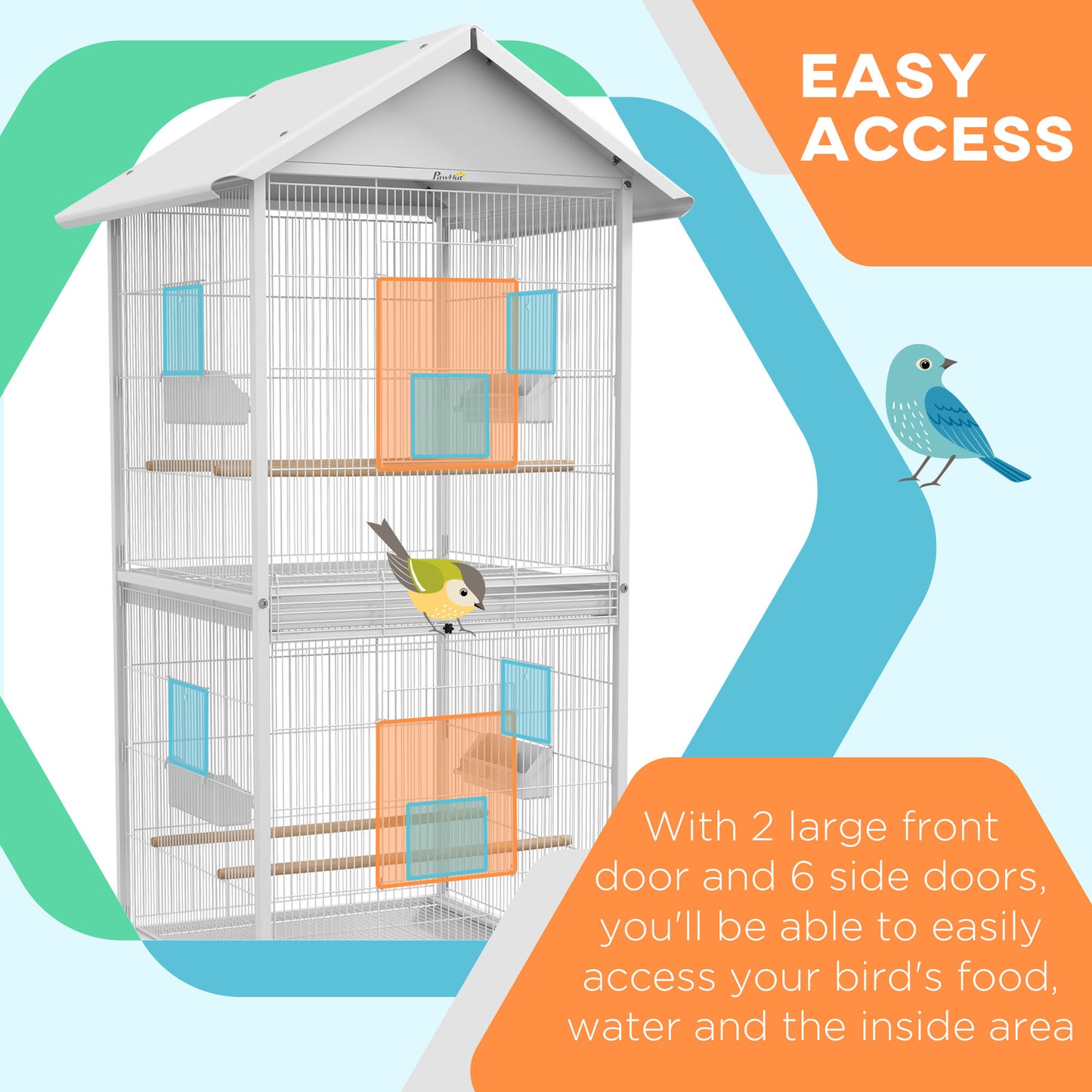 White Metal Bird Cage with Rolling Stand for Small to Medium Birds 67" H