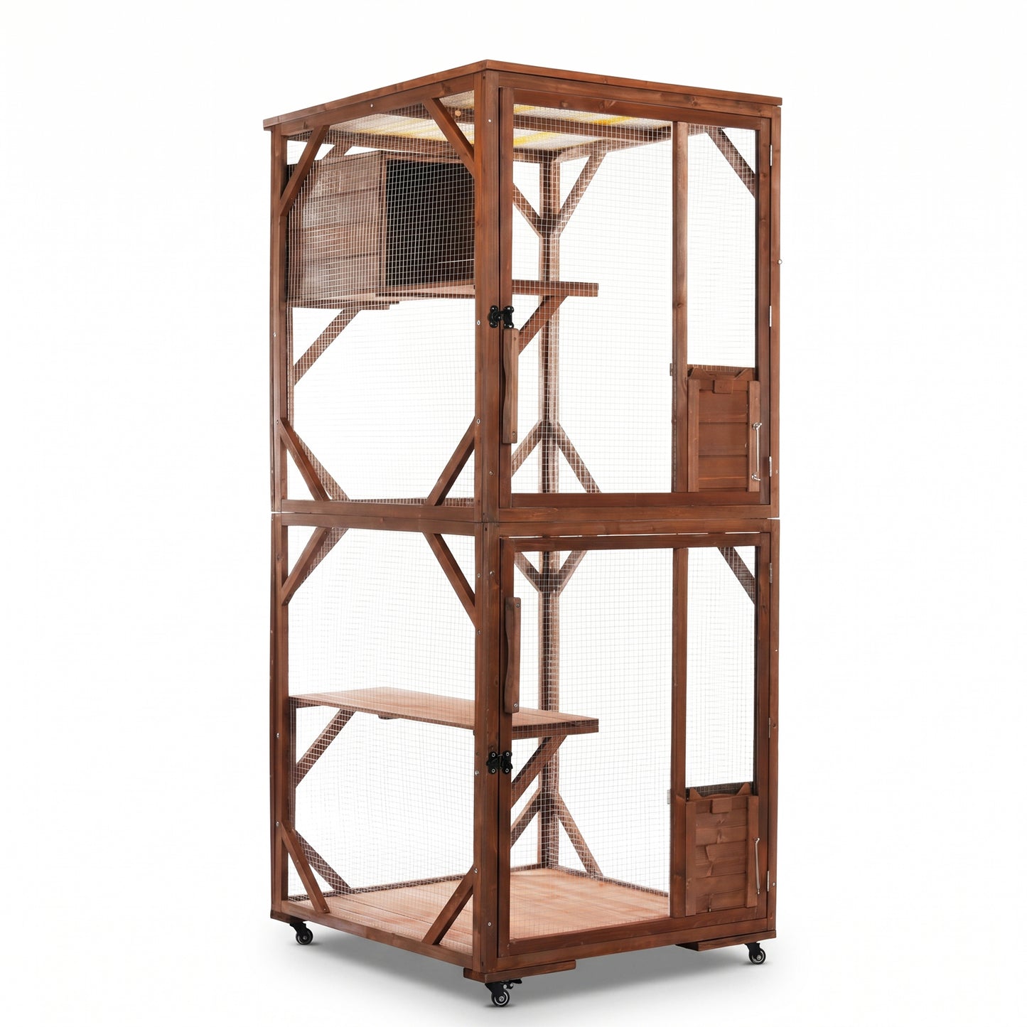 Outdoor Wooden Cat Enclosure with Lockable Wheels & Multi-Level Platforms, Weatherproof Fir Cat Cage