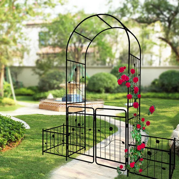 Metal Garden Arch with Gate for Climbing Plants - 79.5" x 86.6" - Black