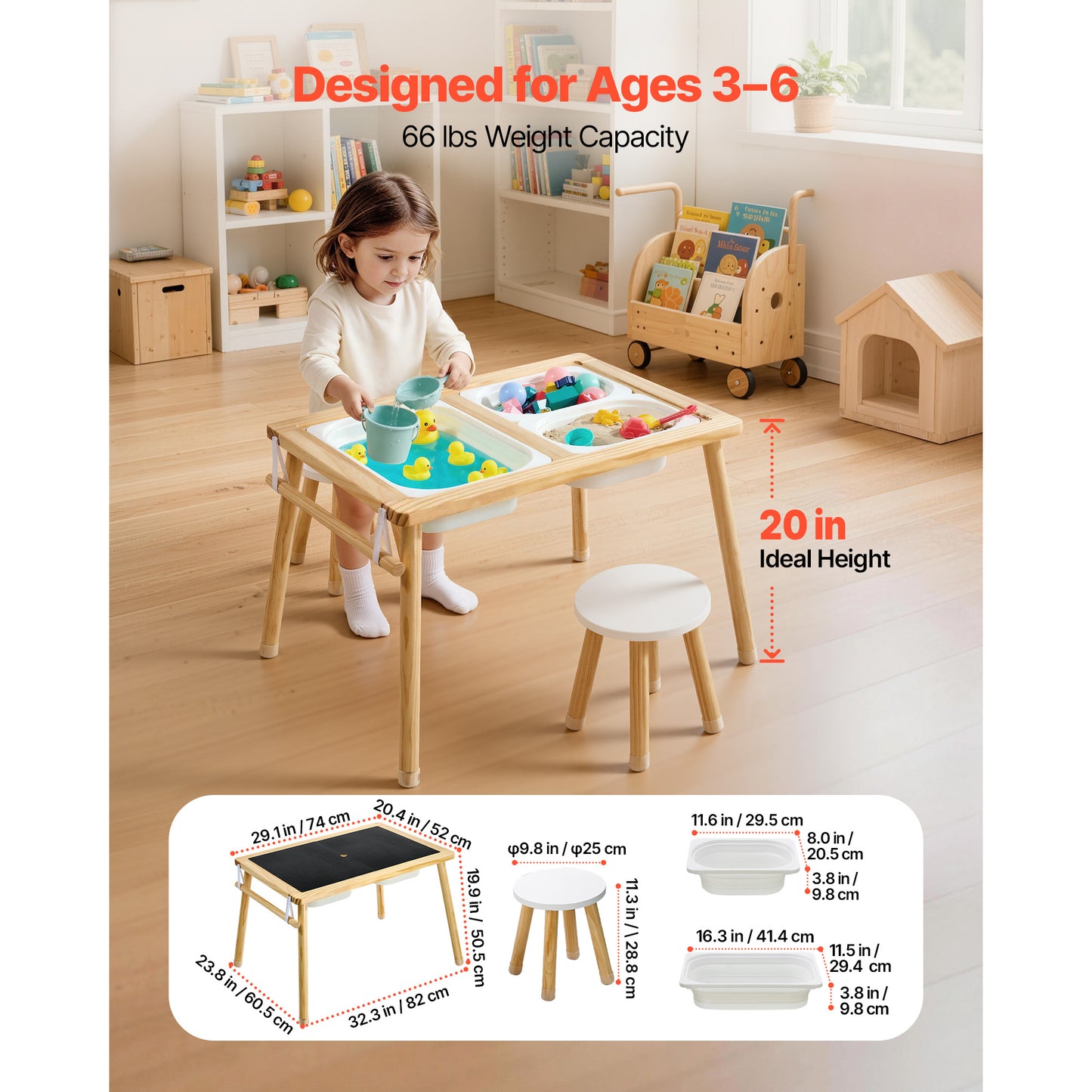Wooden Toddler Sensory Table with 2 Stools, Double-Sided Board, Storage Bins & Non-Slip Feet