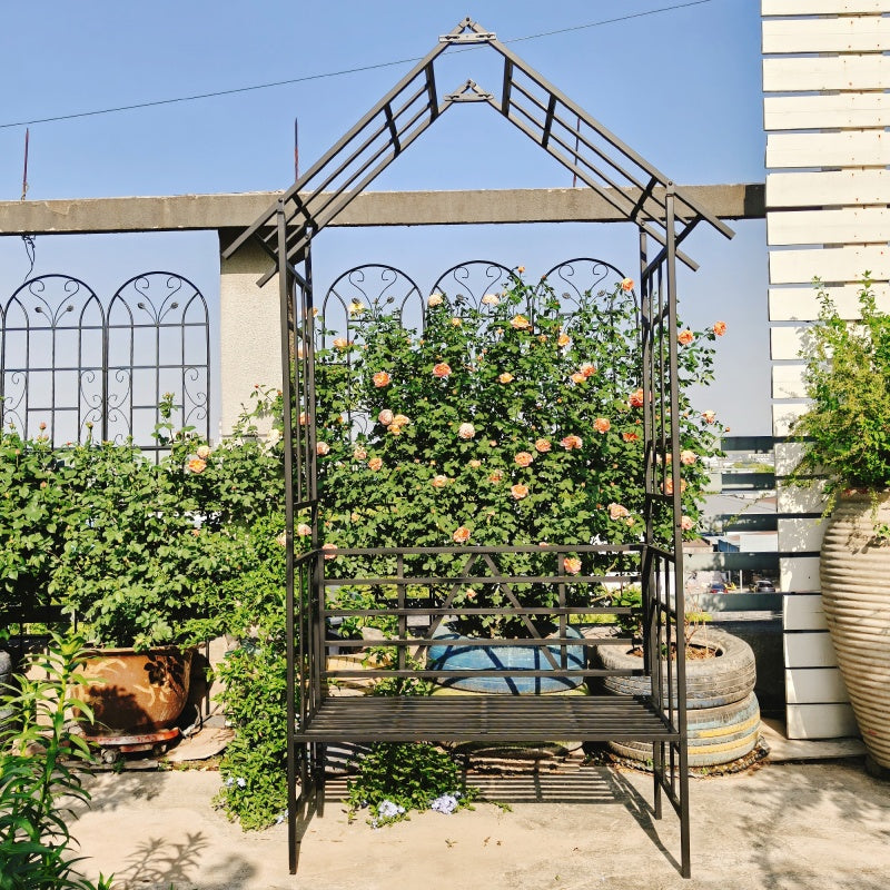 Metal Garden Arch with Convertible Bench and Flower Rack Support - Outdoor Black