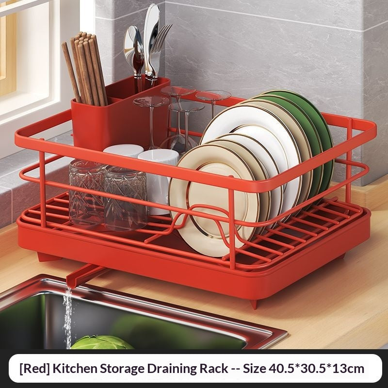 Single-Layer Kitchen Dish Drain Rack with Chopstick Rest - Multiple Colors