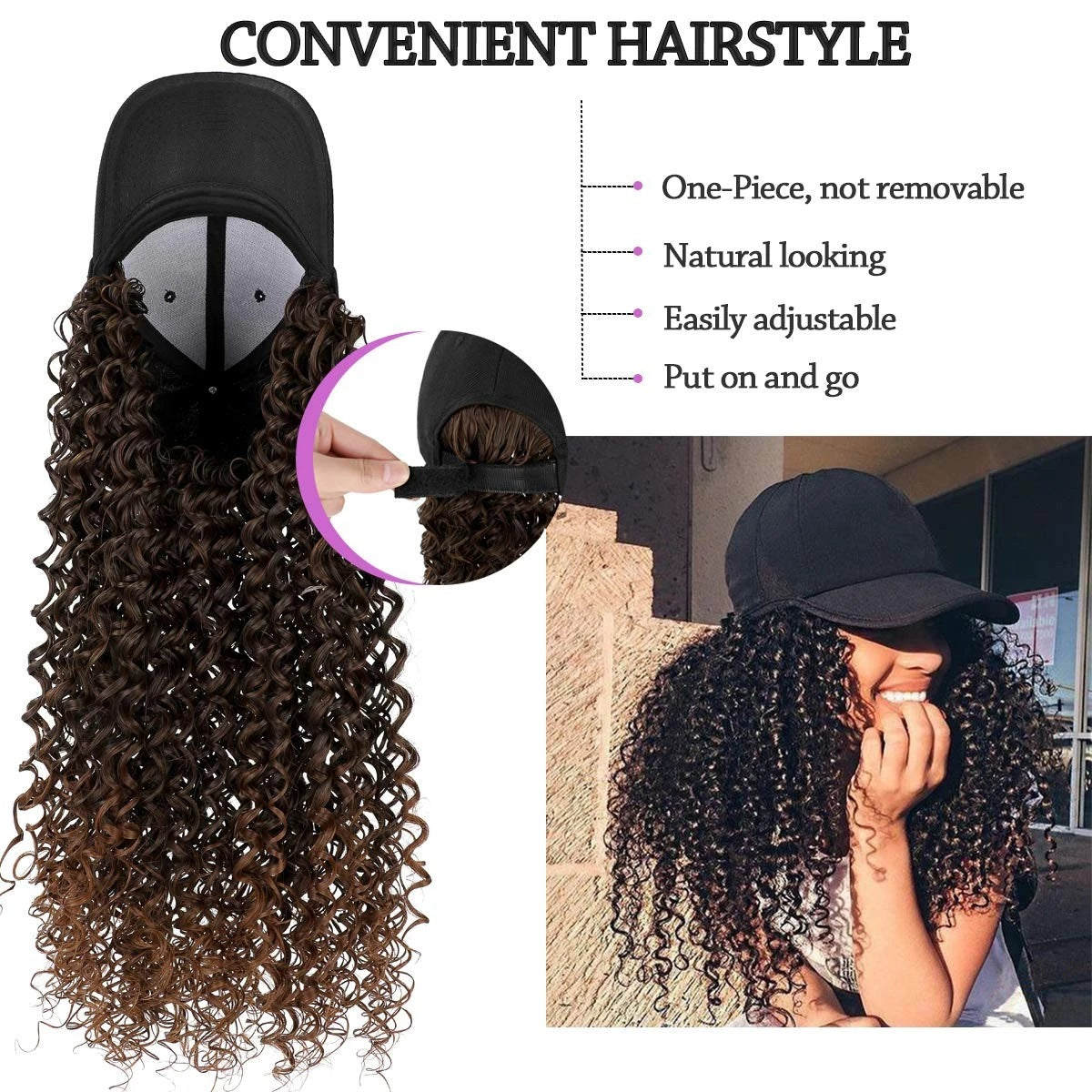 Women's Fashion Headgear with Hat and Wig - Natural Hair & Curl Styles