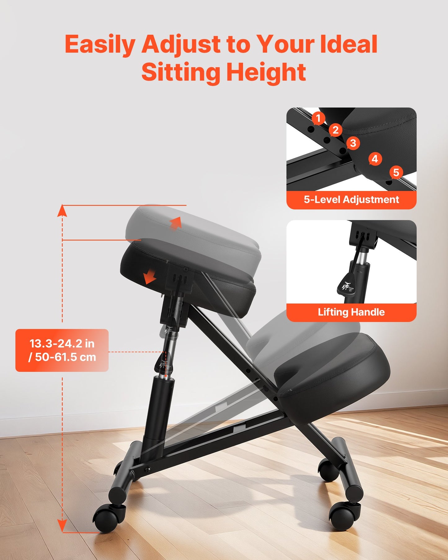 Ergonomic Kneeling Chair with Wheels, Adjustable Posture Seat for Home & Office, Thick Foam Cushions - Black