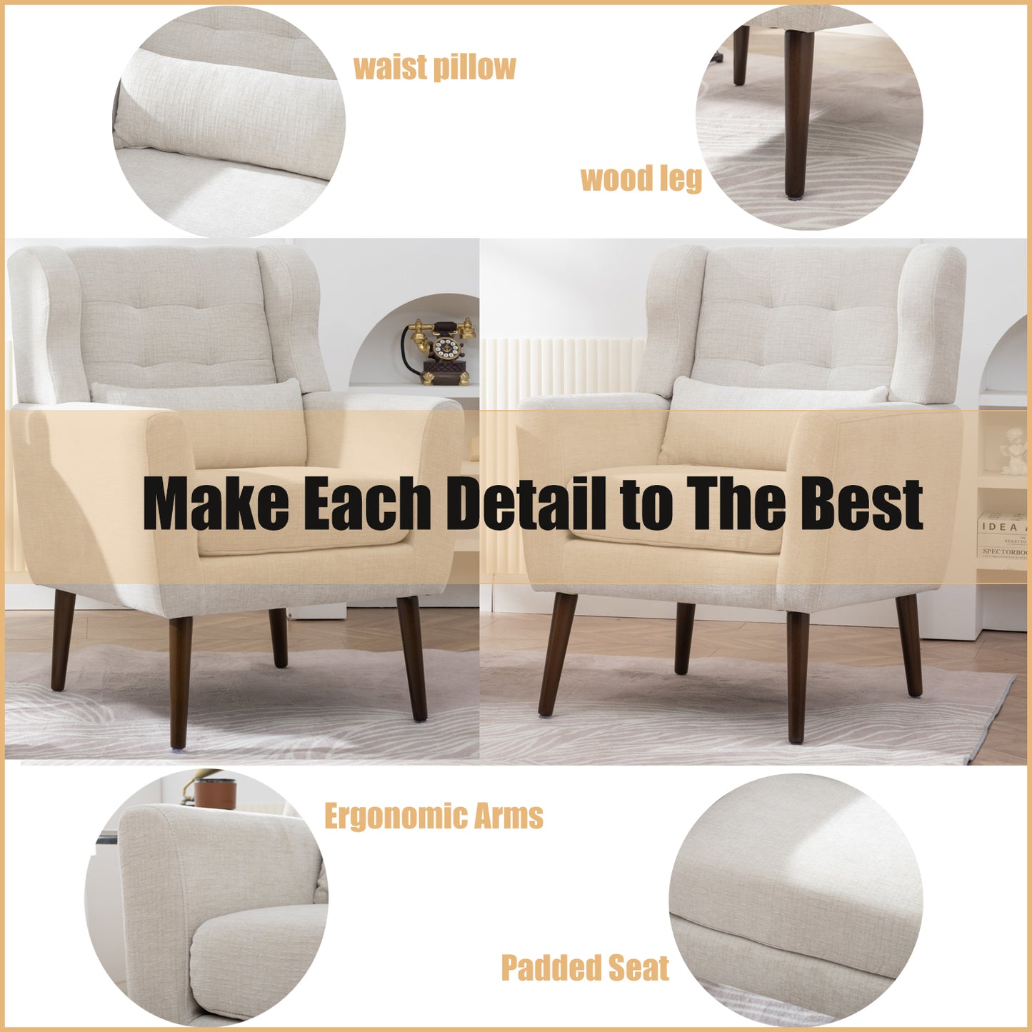 Modern Beige Accent Chair - Upholstered Foam Filled Living Room Seating