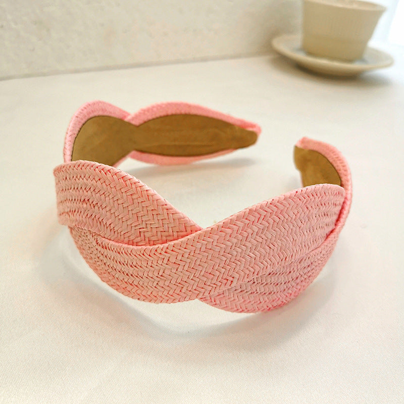 Wide-Brimmed Straw Headband, Retro Korean Style