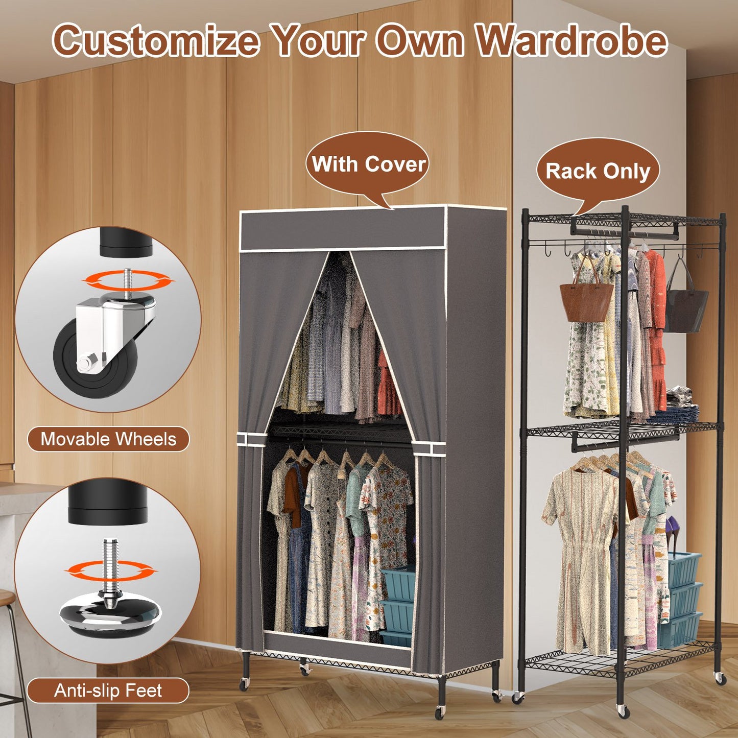 1Pc 2 Tier Foldable Clothing Rack With Cover Portable Wardrobe Closet