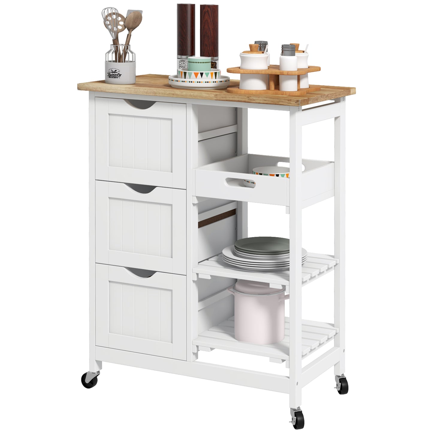 Rolling Kitchen Cart with Wood Top, Shelves & Drawers - White