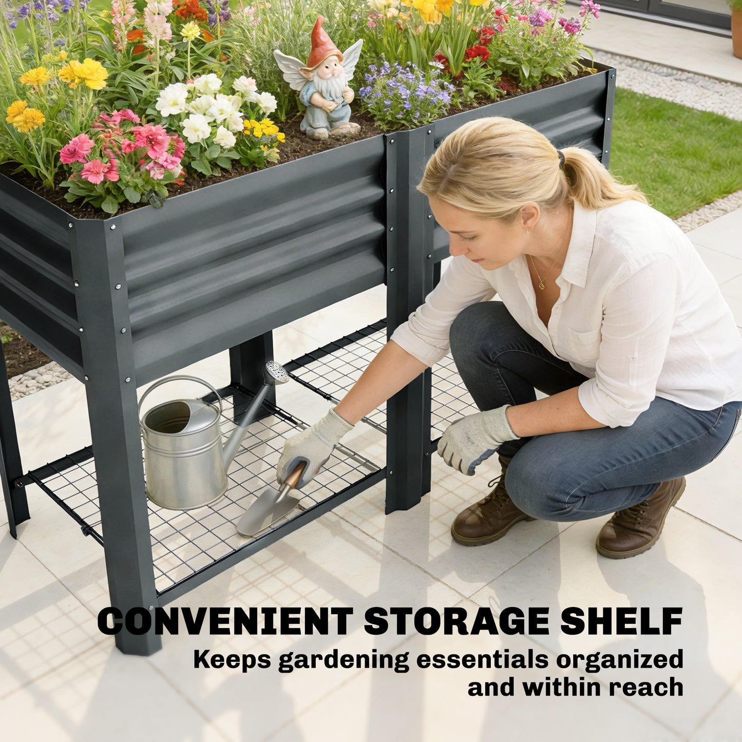 Galvanized Steel Raised Garden Bed with Storage Shelf - 31.5 Inch Dark Gray