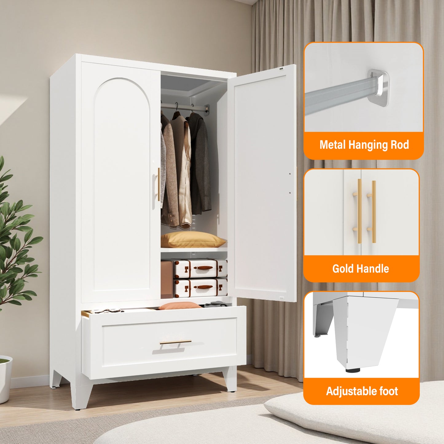 60 Tall Metal Wardrobe Cabinet With 1 Drawer And Hanging Rod, 2 Doors