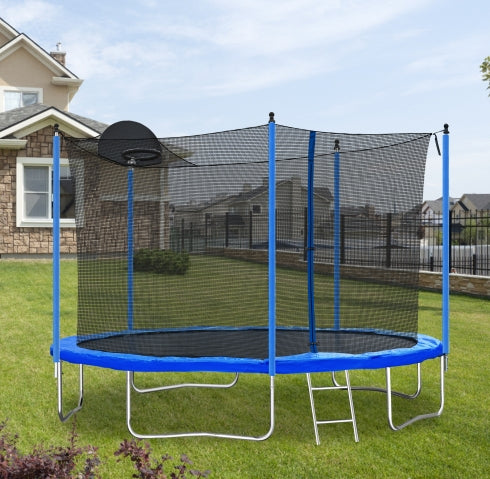 12FT Trampoline with Basketball Hoop - Blue, Outdoor Safety Net