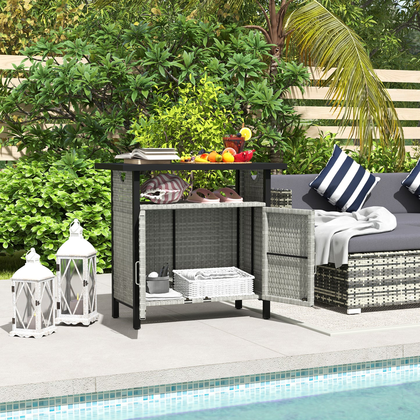Outdoor Pool Towel Storage Cabinet Organizer, Bar Table With Shelf