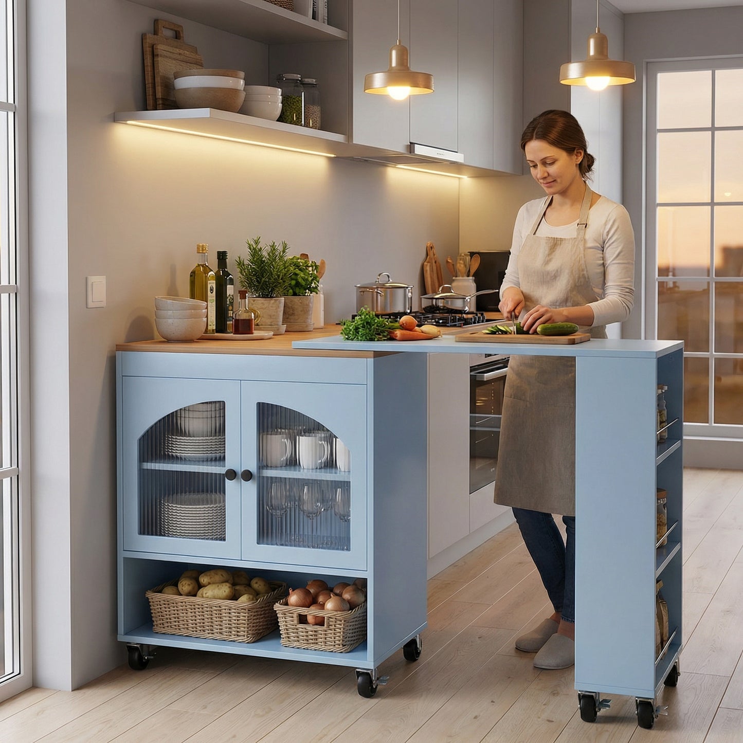 Kitchen Island On Wheels With Extended Table MDF Rolling Storage Cart