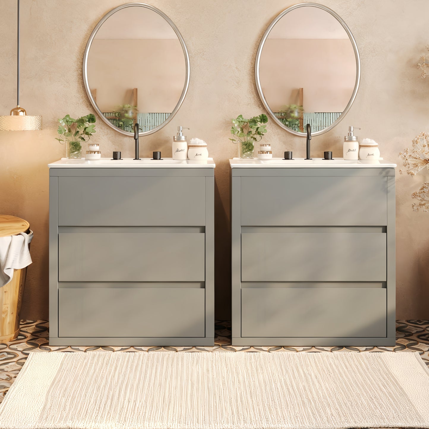 60" Double Sink Bathroom Vanity Set with Ceramic Sinks - Gray
