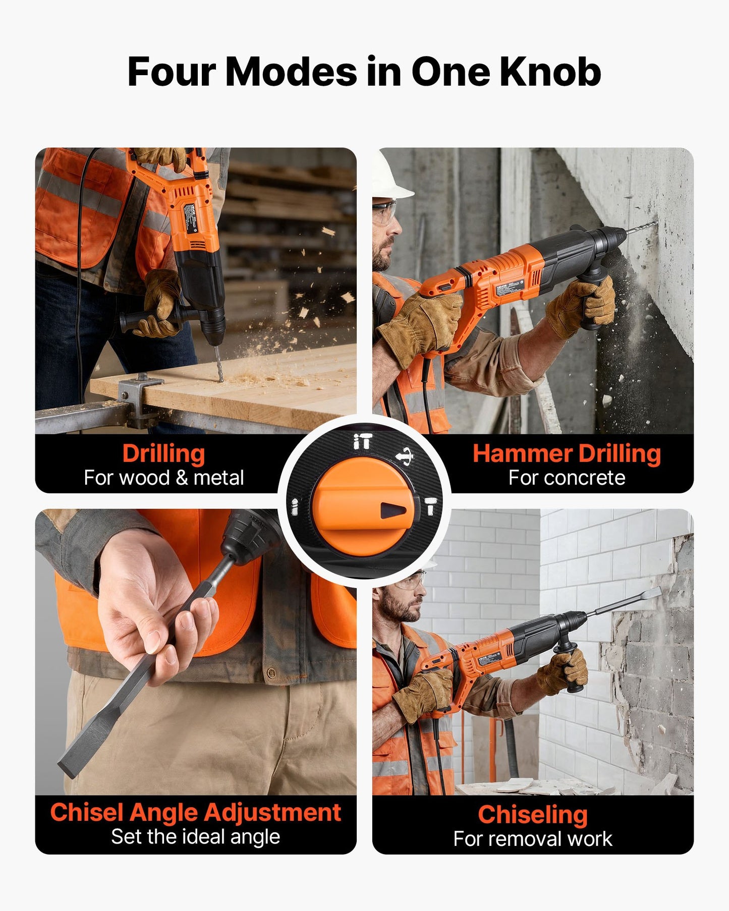 Heavy Duty Rotary Hammer Drill 1-1/8 In SDS-Plus 4 Modes Chiseling Concrete