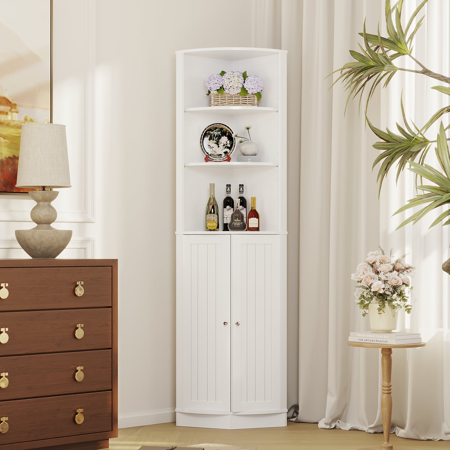 67" Tall Corner Cabinet with 2 Doors and Adjustable Shelves - White