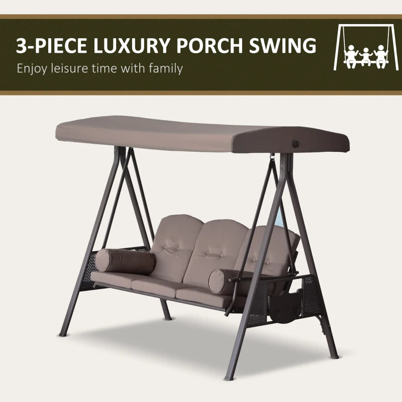 3-Seat Outdoor Patio Swing Chair with Adjustable Canopy - Brown Frame