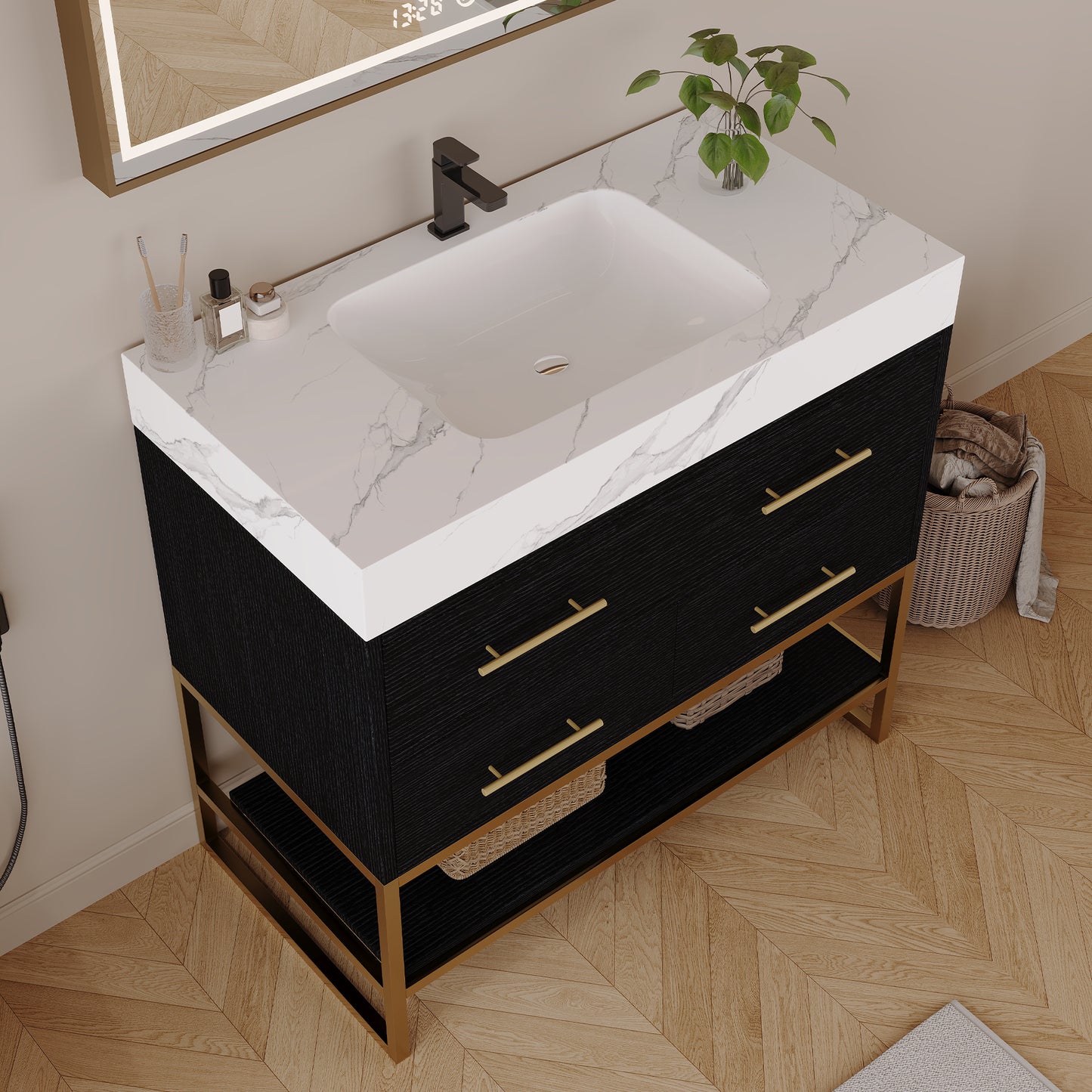 36" Artificial Stone Bathroom Vanity with Ceramic Sink & Storage