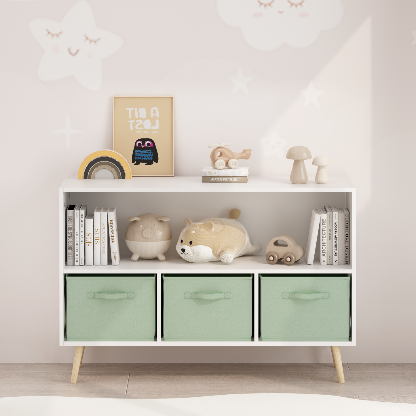 Kids Bookcase with Collapsible Fabric Drawers - White & Green