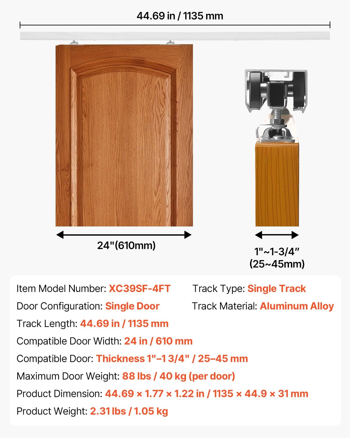 Sliding Pocket Door Hardware Track Kit - 44.69 Inch with Soft Close Mechanism, Black