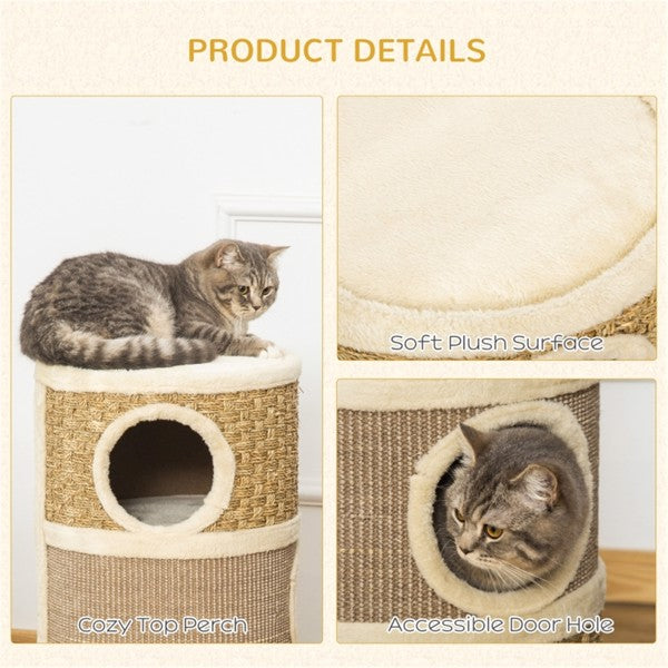 Wooden Cat Tree Tower with Scratching Posts and Cozy Hideouts - Multi-Color