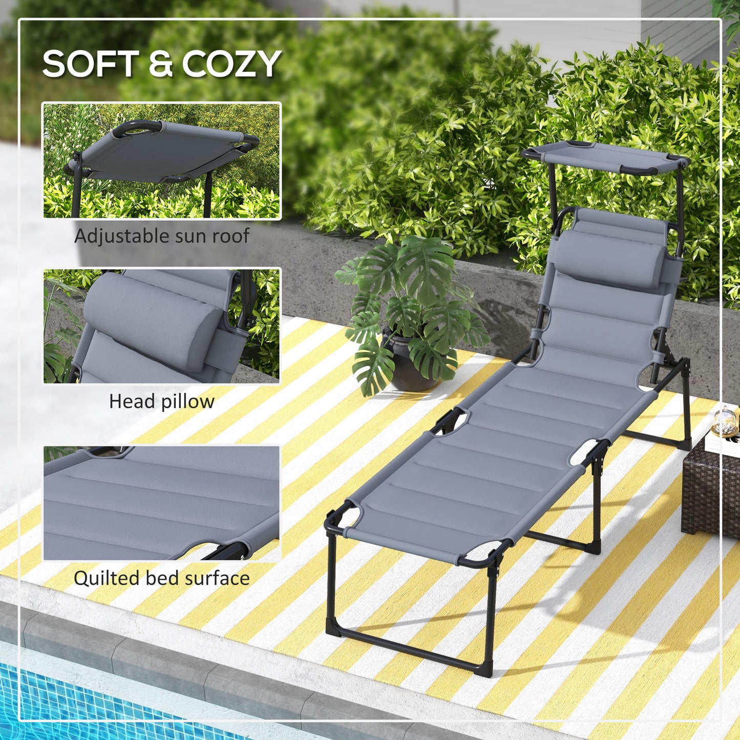 Adjustable Folding Lounge Chair with Sunshade - Gray