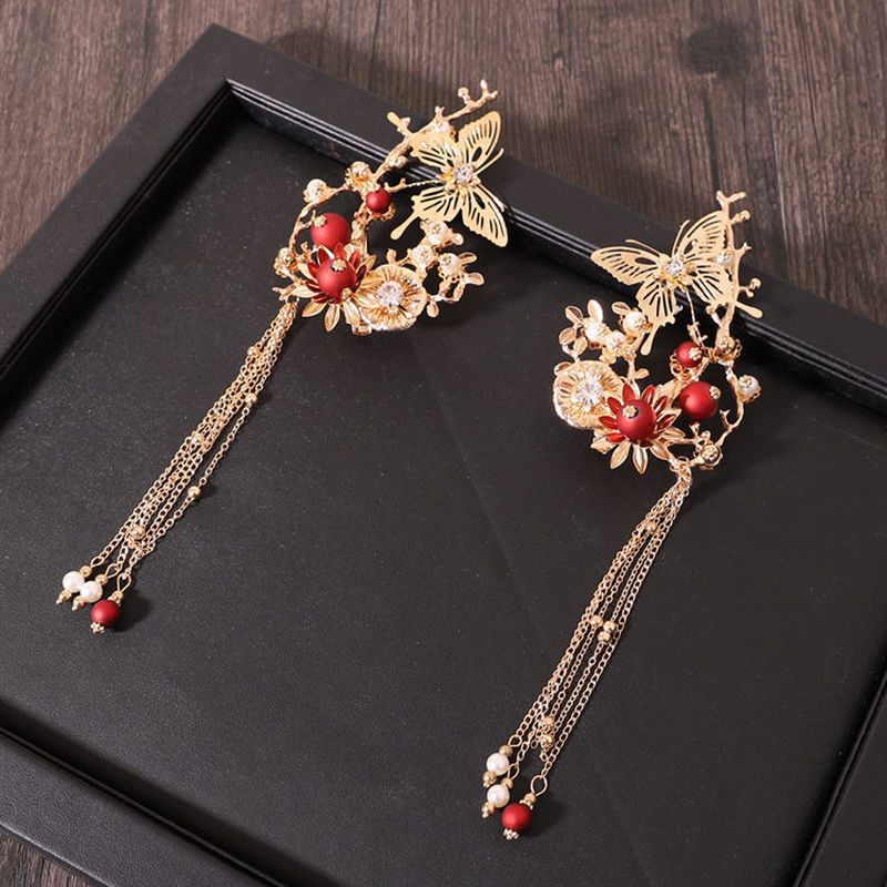 Chinese Style Bride Phoenix Crown Headband - Red Alloy Vintage Hair Accessory
