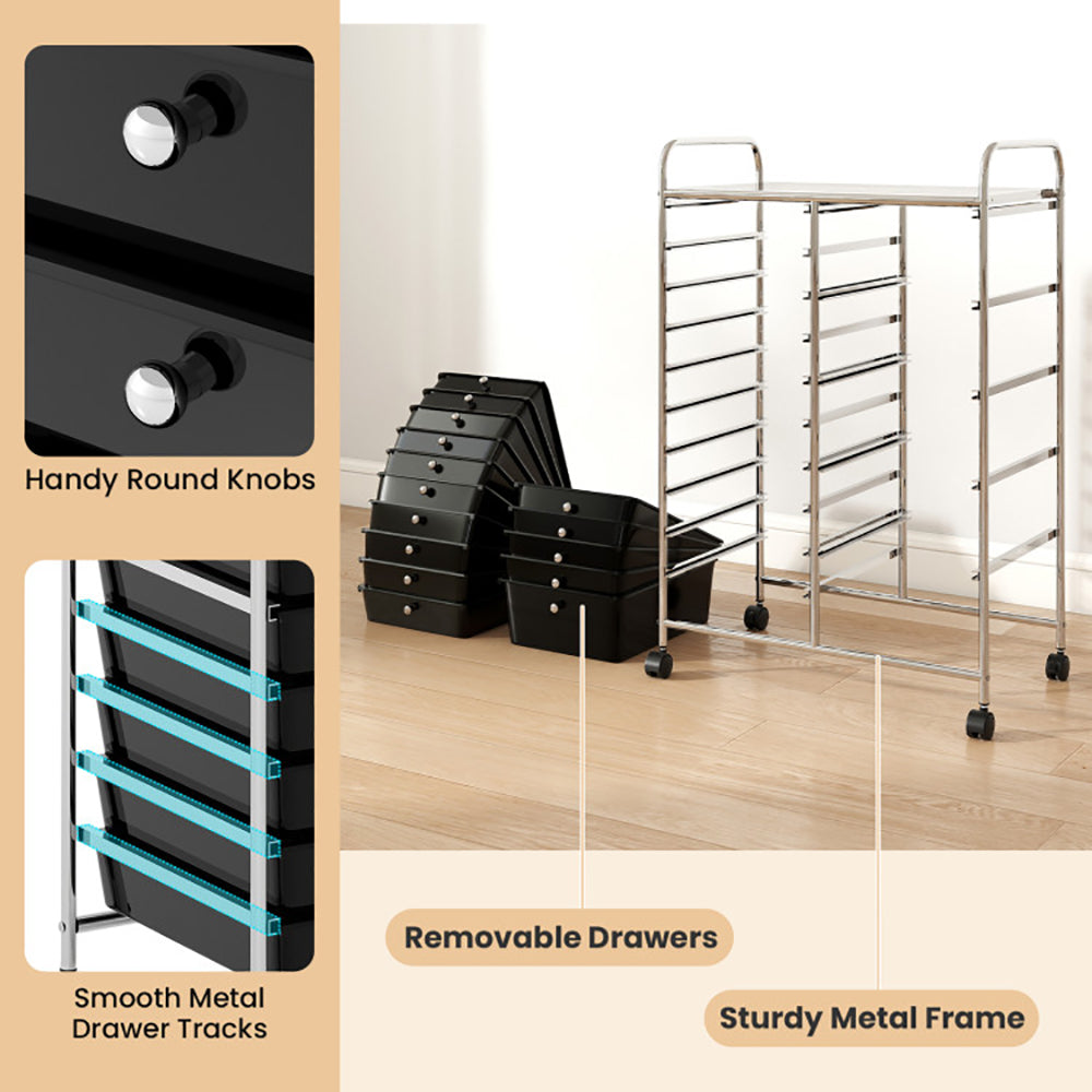 15-Drawer Rolling Storage Cart with Chrome Metal Frame