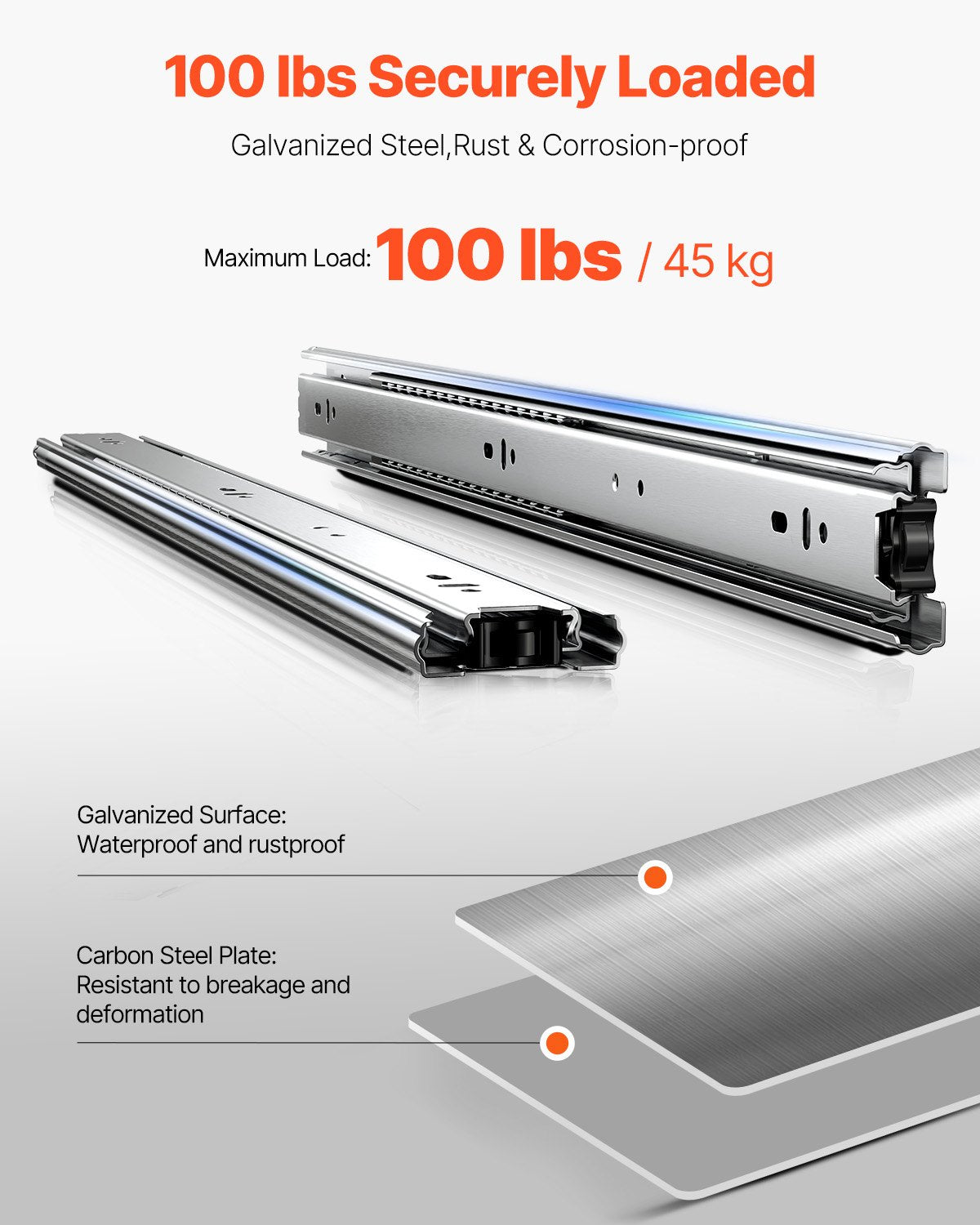 Drawer Cabinet Slides Side Mount 24 Inch 10 Pairs Load Capacity 100LB - Silver