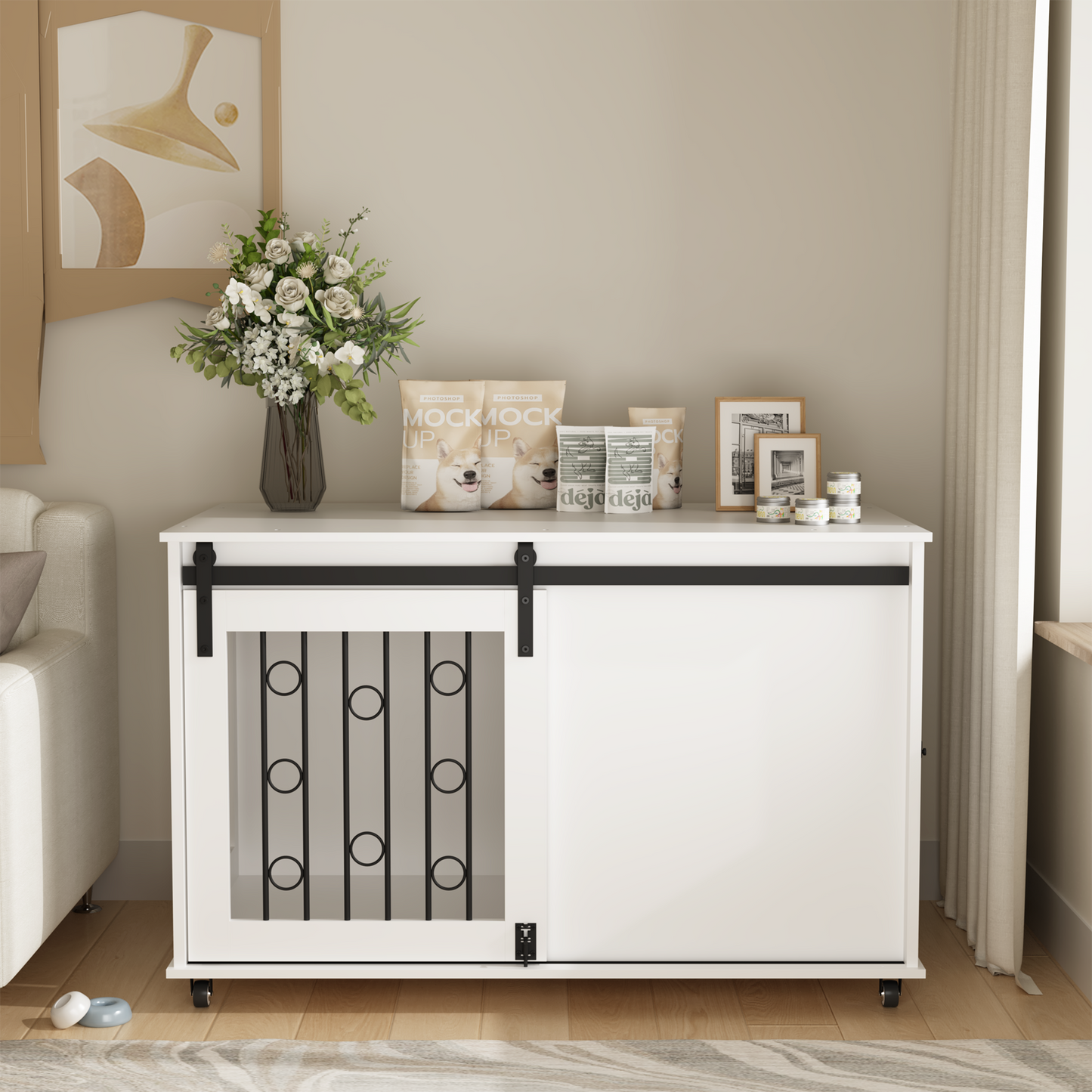 Modern Wooden Dog Crate with Sliding Barn Door – White