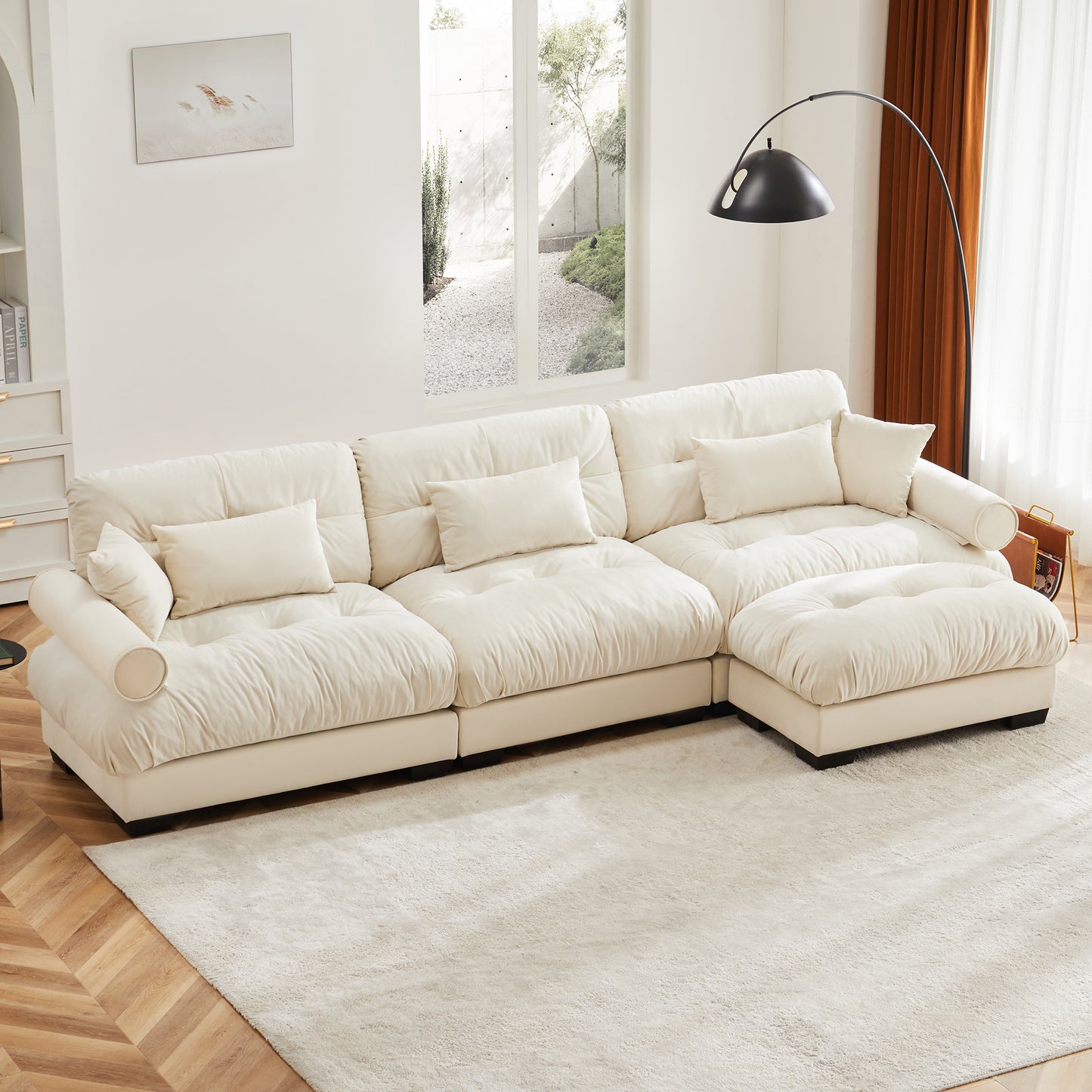 Oversized Modular Velvet Sectional Sofa with Movable Ottoman - Cream