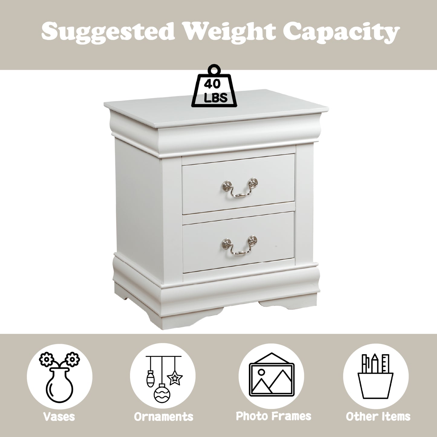 White Finish Nightstand with 2 Drawers - Modern Design