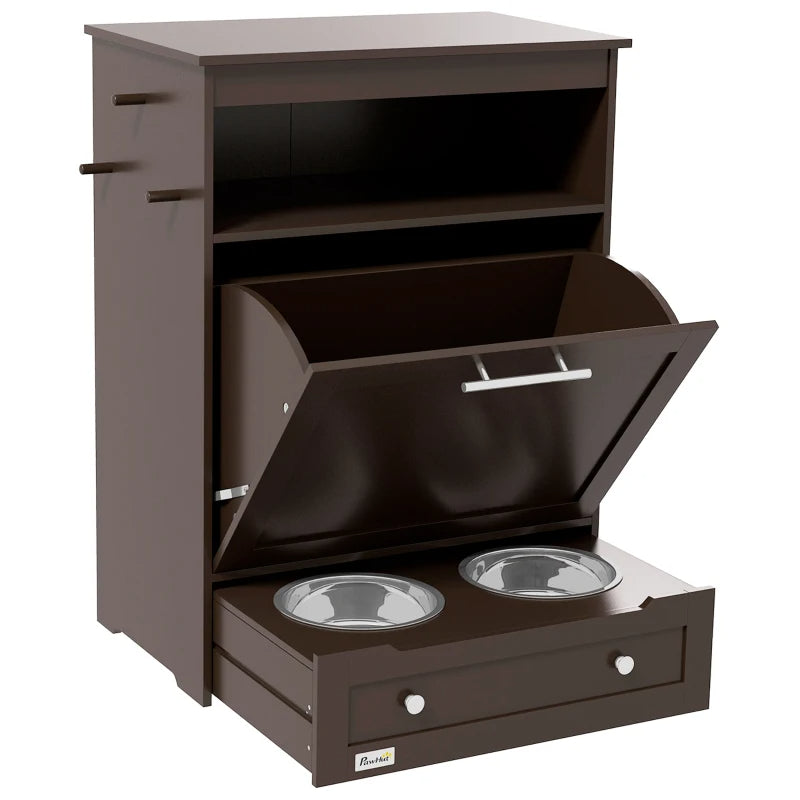 Dog Food Storage Cabinet with Elevated Bowls and Side Hooks - Brown