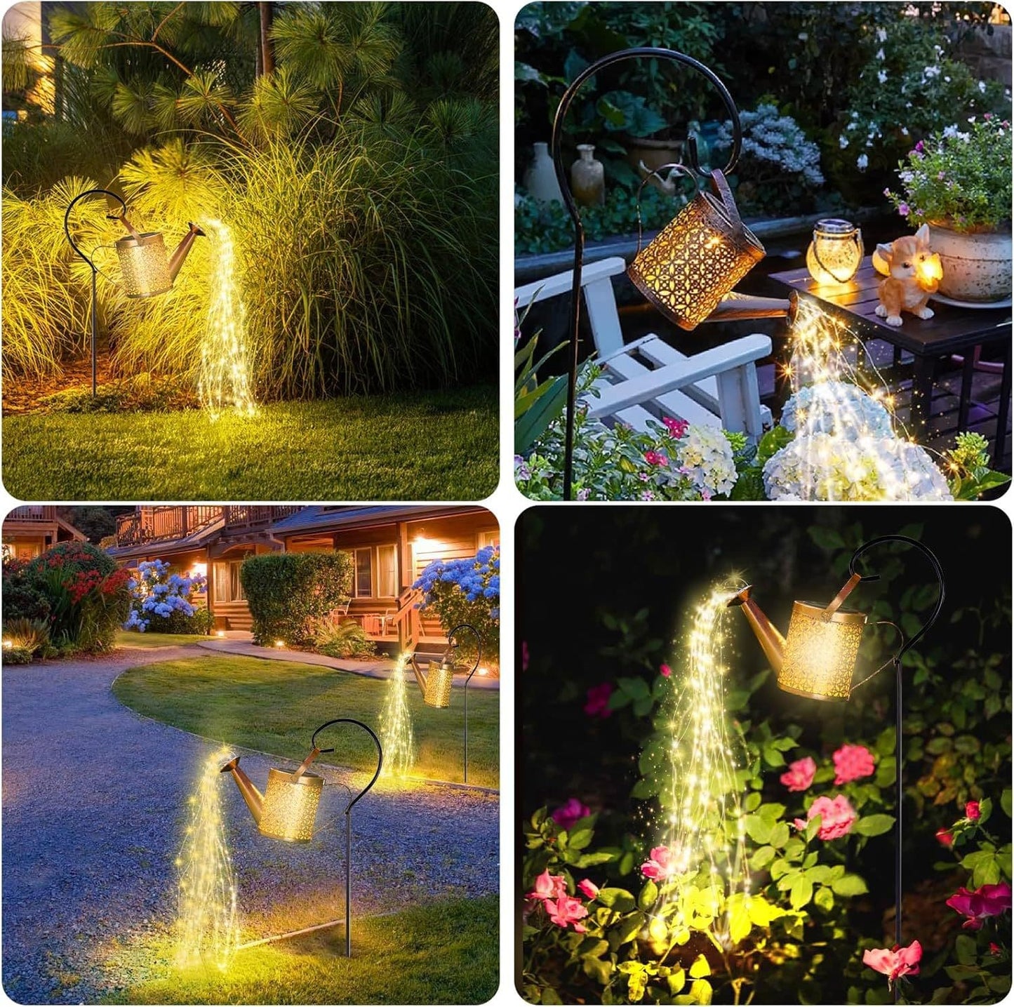 Outdoor Solar Watering Can Lantern String Lights Garden Decor Waterproof Metal Kettle