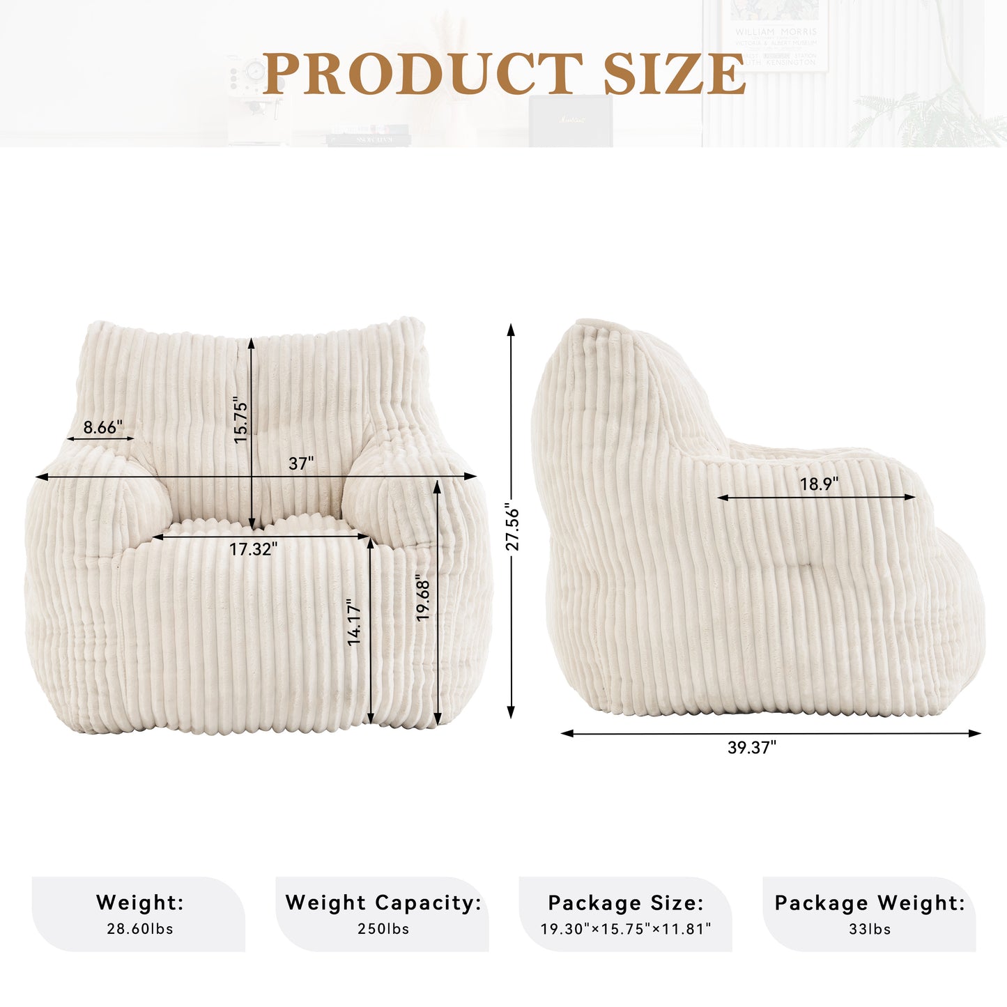 Soft Corduroy Bean Bag Chair with Memory Foam - Beige