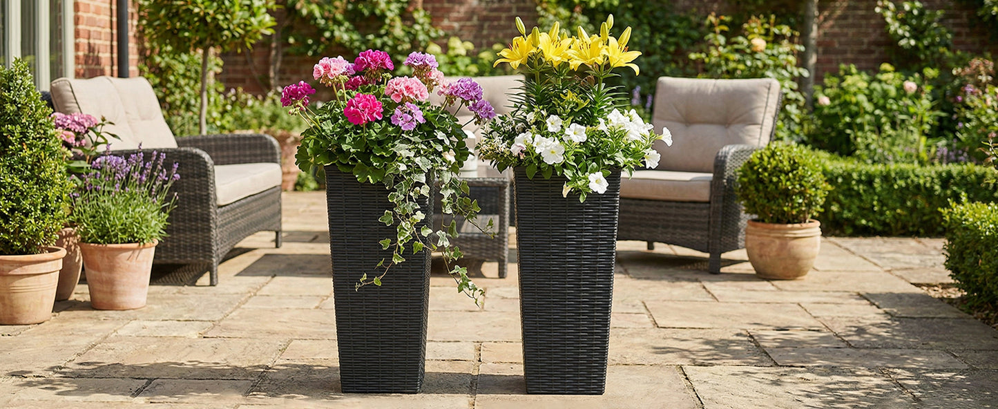 Large Resin Tapered Plant Pots with Drainage Holes - Black (2pcs)