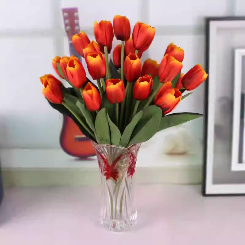 Artificial Tulip Flower Arrangement with Glass Vase - Home Decor Set