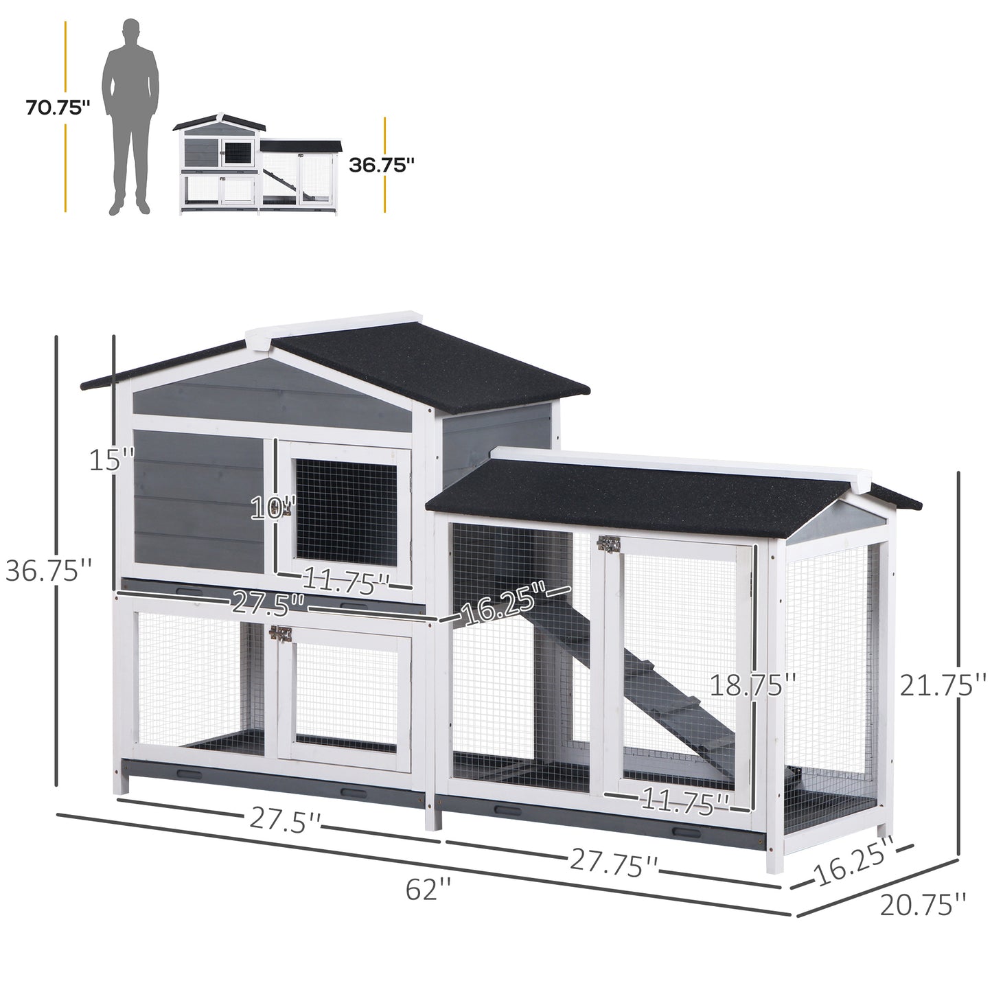 2-Tier Wooden Rabbit Enclosure with Ramp - Indoor Outdoor Pet House & Run
