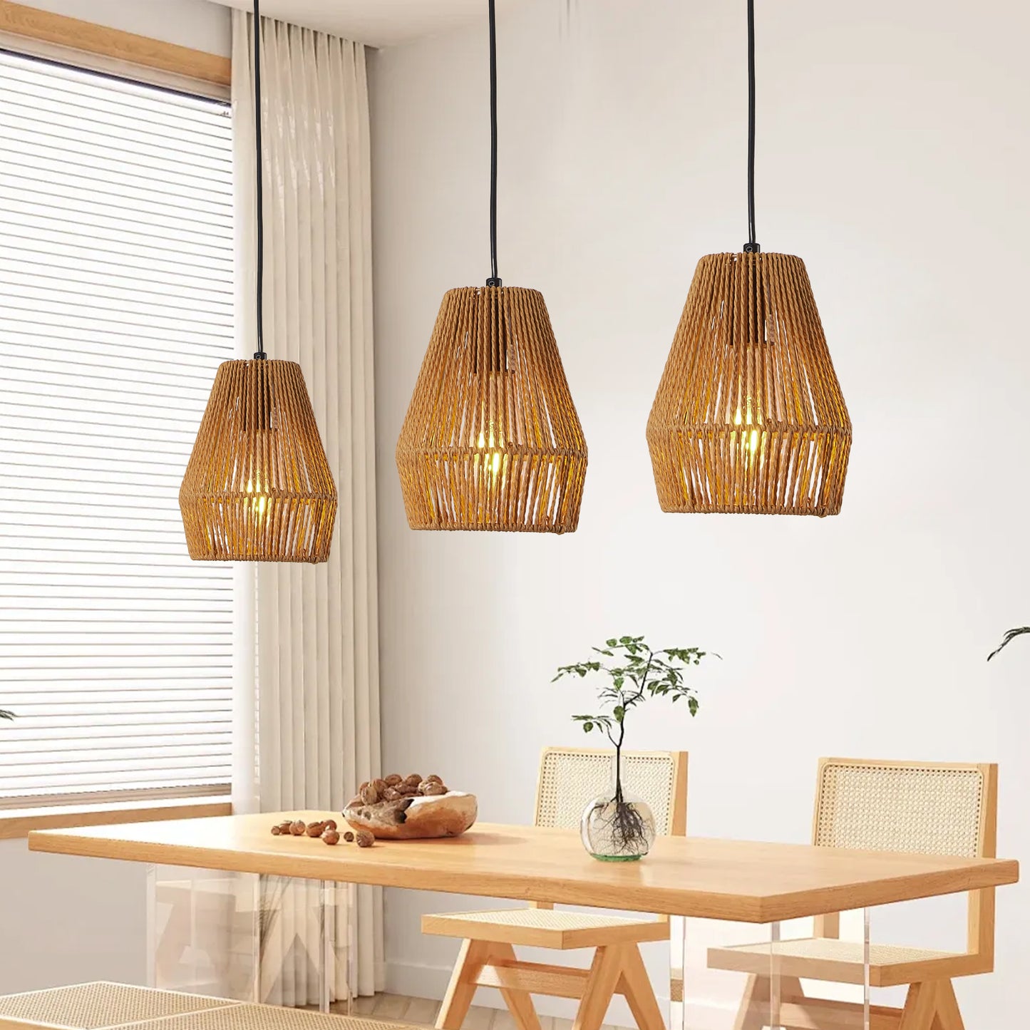 7-Inch Set of 3 Rustic Hemp Rope Pendant Lights - Farmhouse Ceiling Fixtures