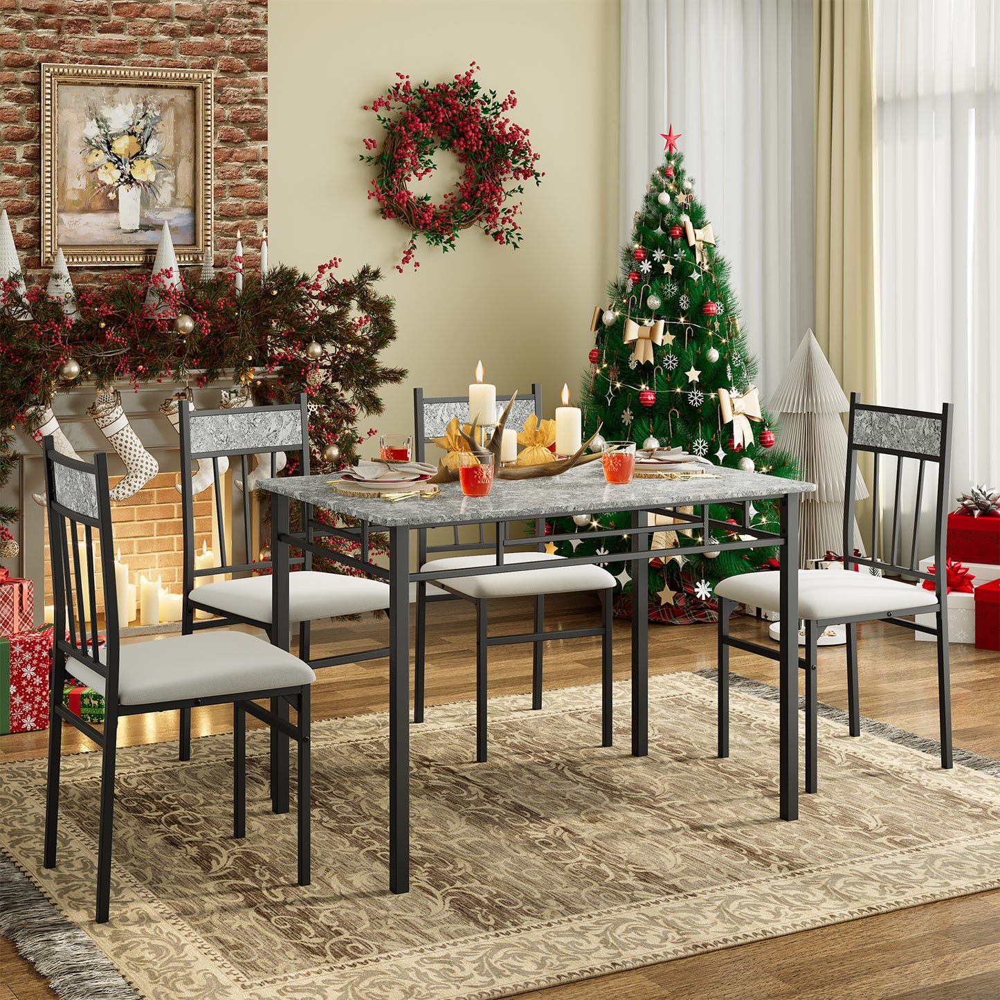 5-Piece Faux Marble Dining Set with Solid Steel Frame