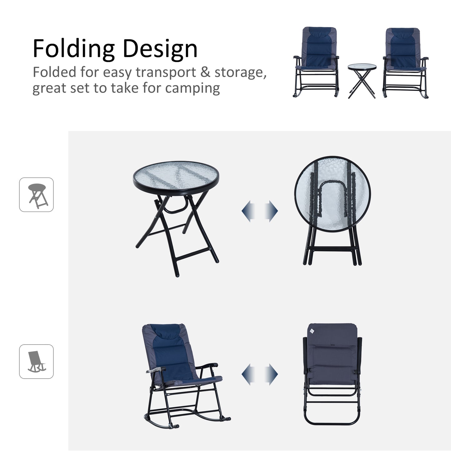 3 Piece Outdoor Folding Rocking Chair Set with Table - Blue & Gray