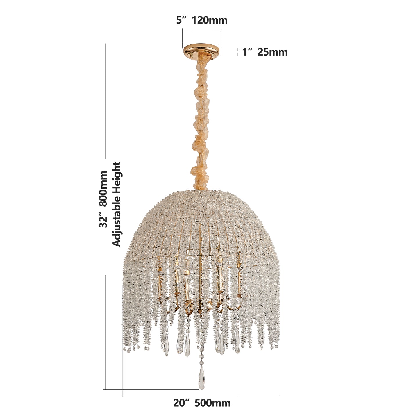 20-Inch K9 Crystal Pendant Light Chandelier - Waterfall Design in Gold