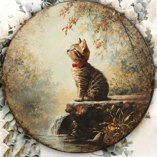 Vintage Tabby Cat Wall Art - Round Metal Plaque 20cm