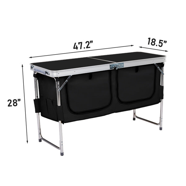 Portable 4ft Folding Camping Table with Storage Compartments - Black
