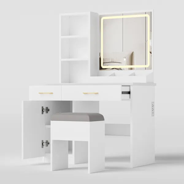 Makeup Vanity Desk with Mirror & Lights - White Dressing Table Set