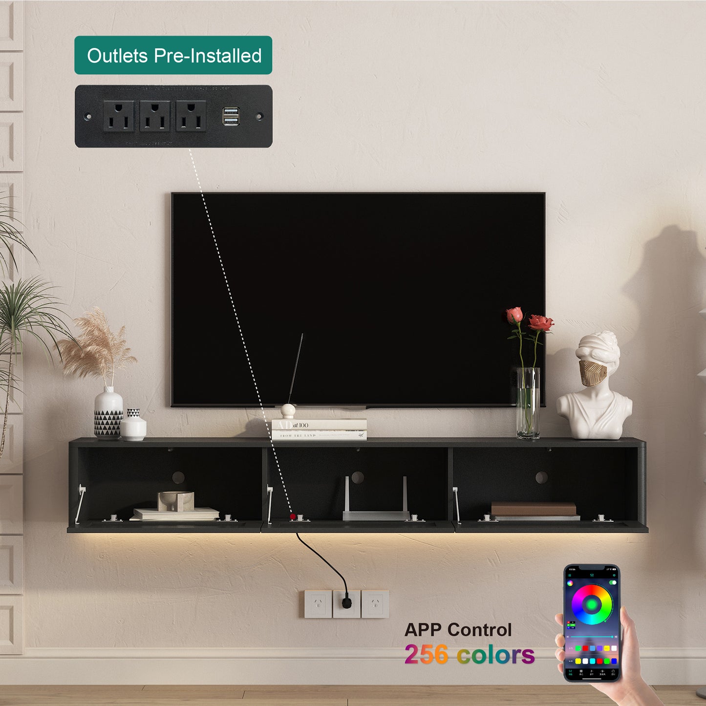 Wall Mounted Floating TV Stand with LED Lights & Power Outlet - Black
