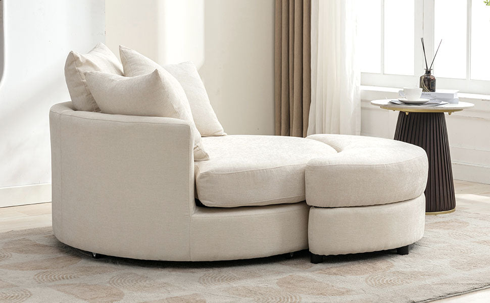 360° Swivel Accent Barrel Chair with Storage Ottoman & 4 Pillows - Cream
