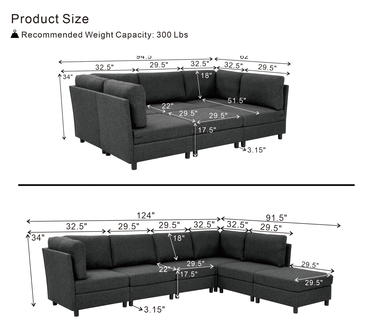Modular Corner Sofa - Freely Configurable Dark Gray Sectional