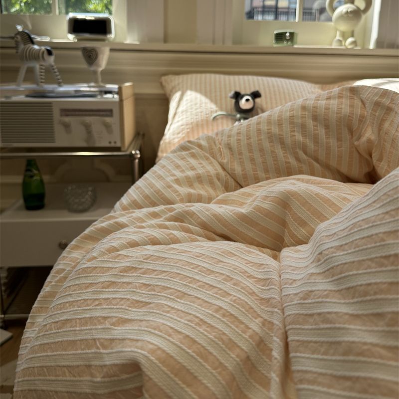 Korean-Style Striped Puffy Duvet Cover Bedding Set - All Sizes & Colors