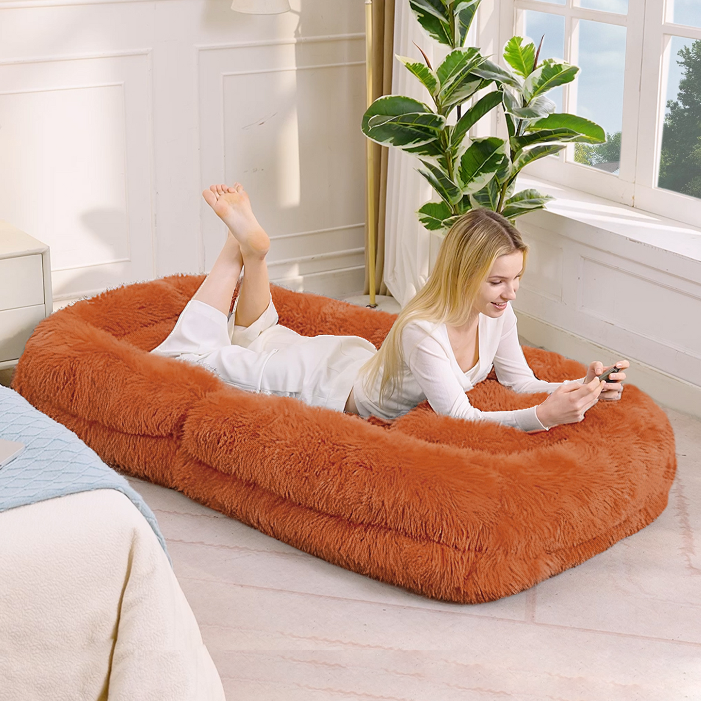 Adjustable Human Dog Bed & Lazy Sofa - Orange Plush Fabric